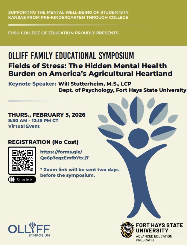 Symposium Information displayed with QR code and generic person who appears to be celebrating growth