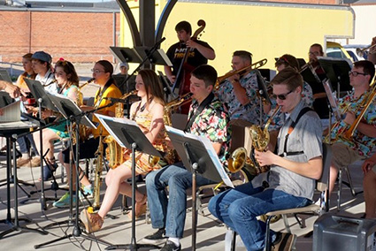 Cutline: FHSU’s Jazz Ensemble I performs at the downtown Hays Pavilion in the spring.