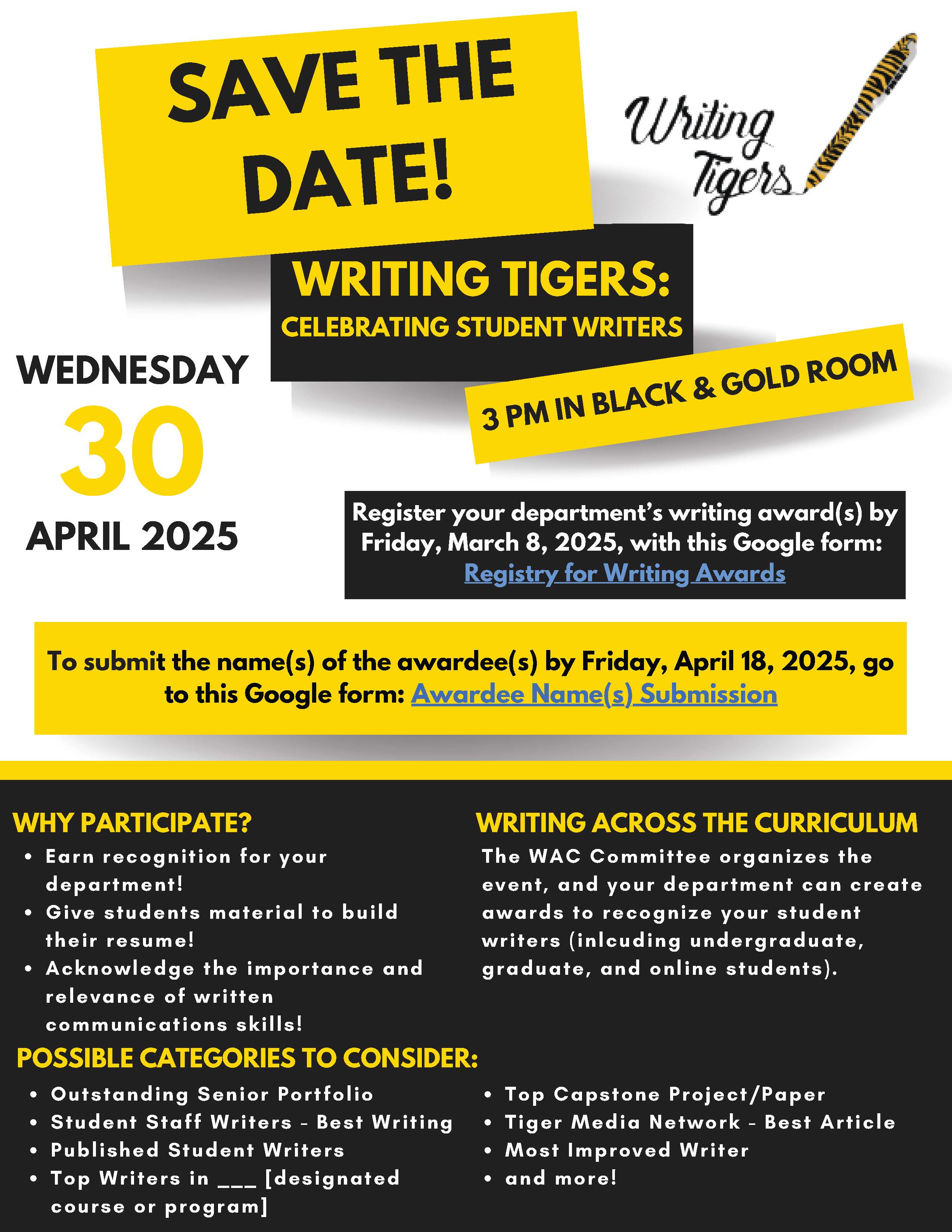 Writing Tigers April 30 at 3 in the Black and Gold Room