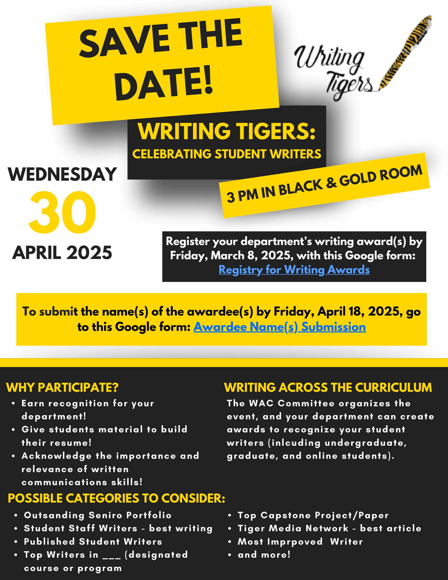 Writing Tigers April 30 at 3 in the Black and Gold Room